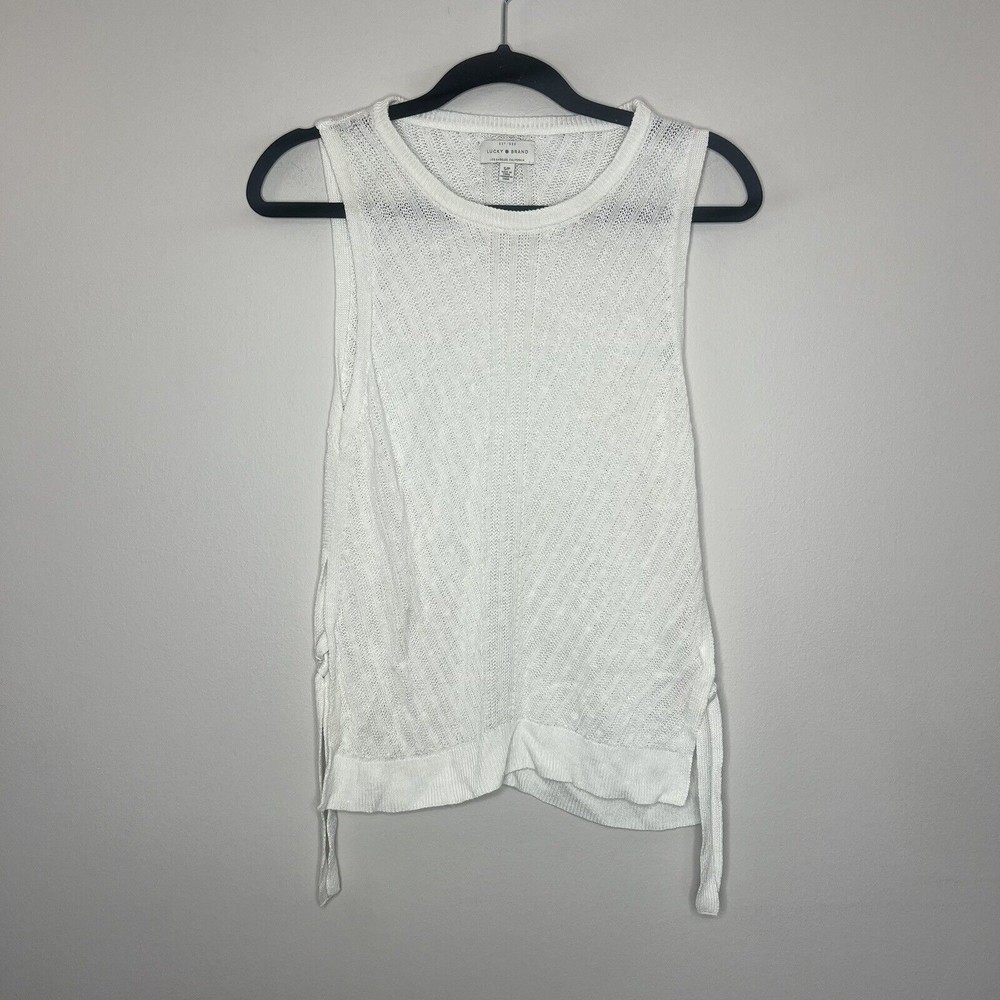 Lucky Brand Blouse Top Women's Small Petite White Linen Knit Sleeveless Coastal